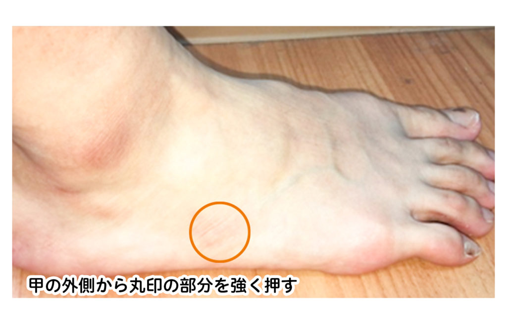足の甲の外側をグッと強く抑えて押した箇所に痛みを感じる